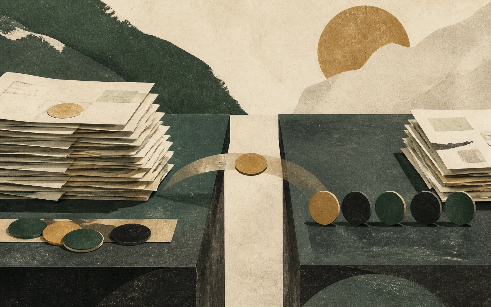 A stylized handoff between two work surfaces